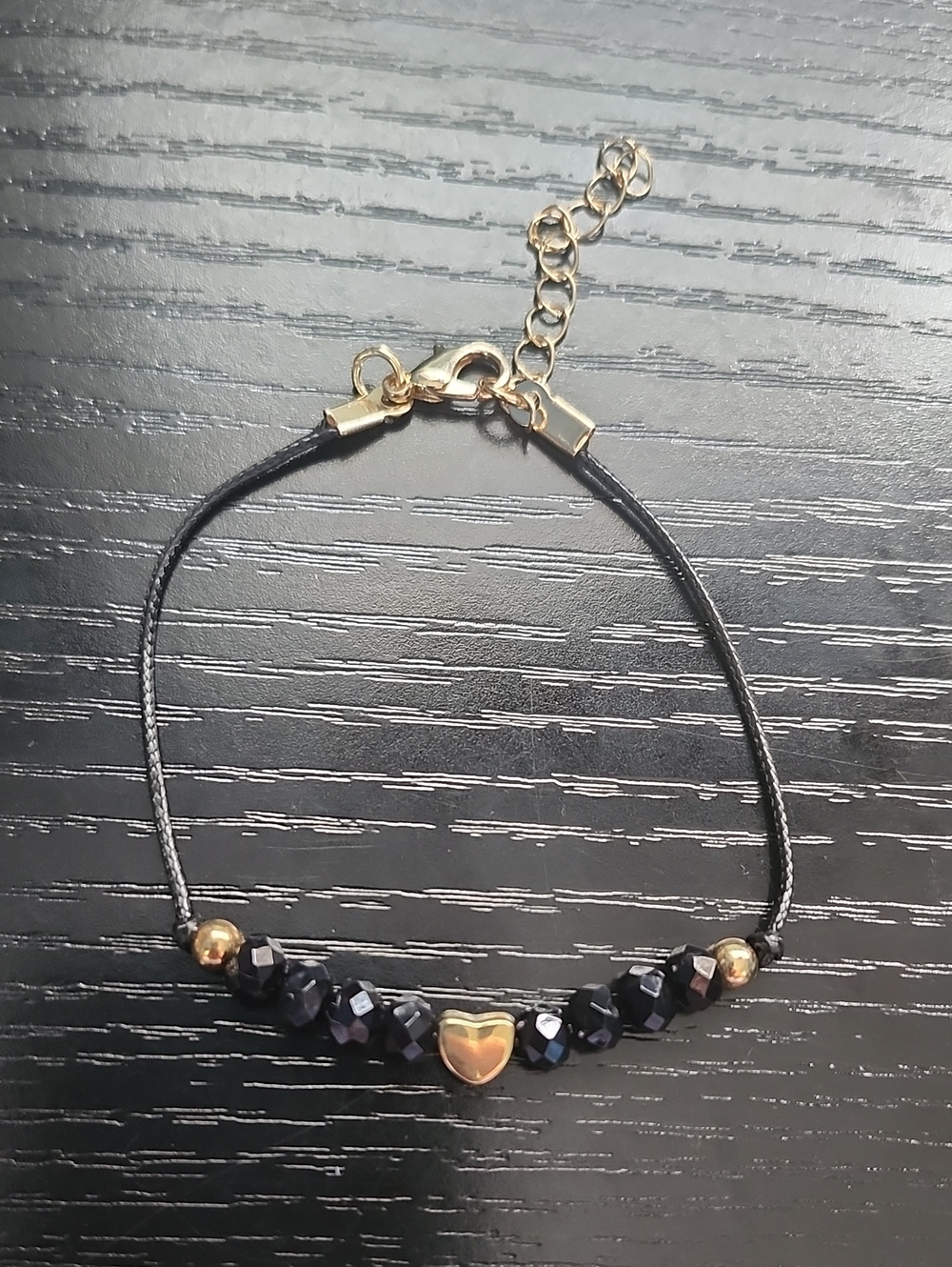 Gold Heart Black Beaded Women's Cord Bracelet